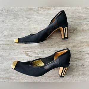 VTG Timothy Hitsman Heels Pumps Block Heel Mesh Black Gold 7.5 Glam 90s Designer